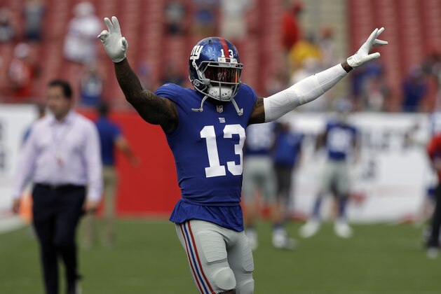 New York Giants wide receiver Odell Beckham (13) before an NFL football game against the Tampa Bay Buccaneers Sunday, Oct. 1, 2017, in Tampa, Fla. (AP Photo/Chris O'Meara)