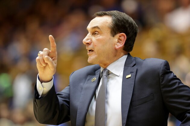 DURHAM, NC - FEBRUARY 24:  Head coach Mike Krzyzewski of the Duke Blue Devils reacts against the Syracuse Orange during their game at Cameron Indoor Stadium on February 24, 2018 in Durham, North Carolina.  (Photo by Streeter Lecka/Getty Images)