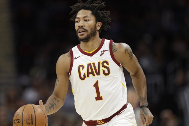 Cleveland Cavaliers' Derrick Rose drives against the Miami Heat in the first half of an NBA basketball game, Wednesday, Jan. 31, 2018, in Cleveland. (AP Photo/Tony Dejak)