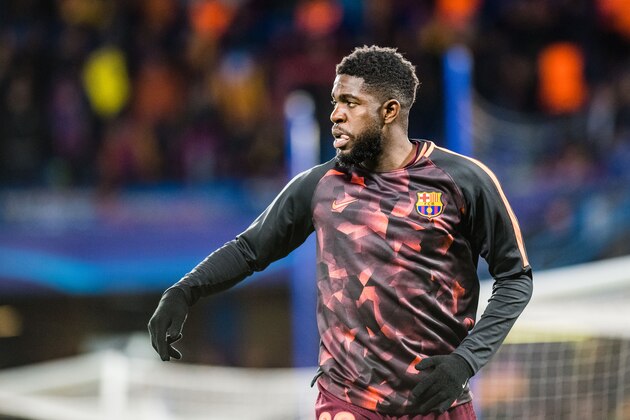 LONDON, ENGLAND - FEBRUARY 20: Samuel Umtiti  (23) of FC Barcelona during the UEFA Champions League Round of 16 First Leg   match between Chelsea FC and FC Barcelona at Stamford Bridge on February 20, 2018 in London, United Kingdom. (Photo by MB Media/Getty Images)