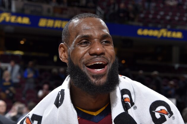 CLEVELAND, OH - FEBRUARY 27: LeBron James #23 of the Cleveland Cavaliers speaks with media after the game against the Brooklyn Nets on February 27, 2018 at Quicken Loans Arena in Cleveland, Ohio. NOTE TO USER: User expressly acknowledges and agrees that, by downloading and/or using this Photograph, user is consenting to the terms and conditions of the Getty Images License Agreement. Mandatory Copyright Notice: Copyright 2018 NBAE  (Photo by David Liam Kyle/NBAE via Getty Images)