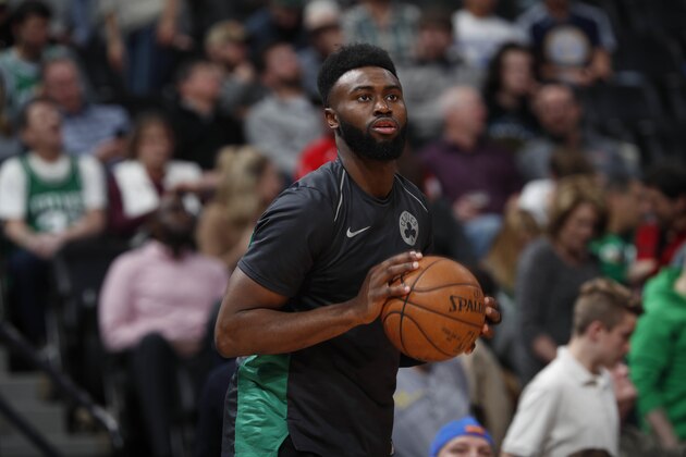 Boston Celtics guard Jaylen Brown (7) in the second half of an NBA basketball game Monday, Jan. 29, 2018, in Denver. The Celtics won 111-110. (AP Photo/David Zalubowski)