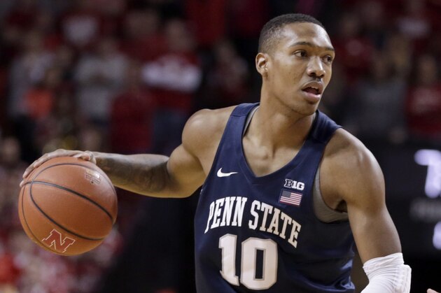 Penn State's Tony Carr (10) drives with the ball during the first half of an NCAA college basketball game against Nebraska in Lincoln, Neb., Sunday, Feb. 25, 2018. (AP Photo/Nati Harnik)