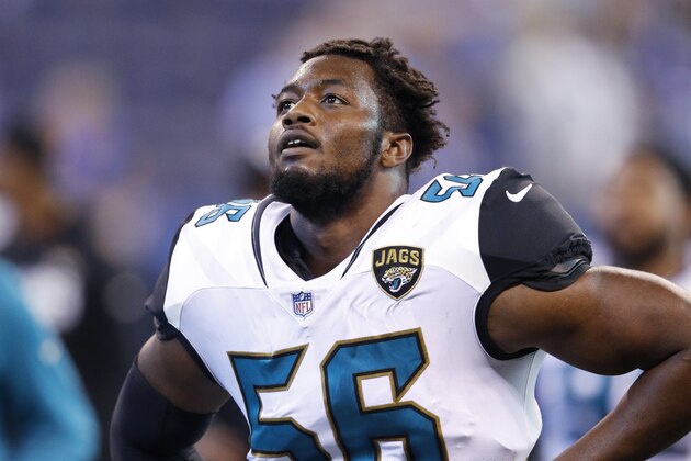 INDIANAPOLIS, IN - OCTOBER 22: Dante Fowler Jr. #56 of the Jacksonville Jaguars looks on during a game against the Indianapolis Colts at Lucas Oil Stadium on October 22, 2017 in Indianapolis, Indiana. Jacksonville won 27-0. (Photo by Joe Robbins/Getty Images)