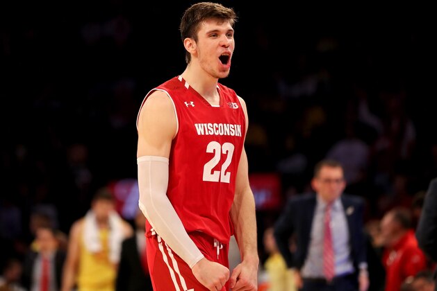 NEW YORK, NY - MARCH 01:  Ethan Happ #22 of the Wisconsin Badgers celebrates the 59-54 win over the Maryland Terrapins during the second round of the Big Ten Basketball Tournament at Madison Square Garden on March 1, 2018 in New York City.  (Photo by Elsa/Getty Images)