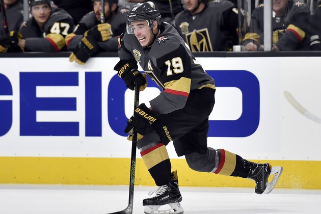 Vegas Golden Knights right wing Reilly Smith skates with the puck against the Los Angeles Kings during the first period of an NHL hockey game Tuesday, Feb. 27, 2018, in Las Vegas. (AP Photo/David Becker)