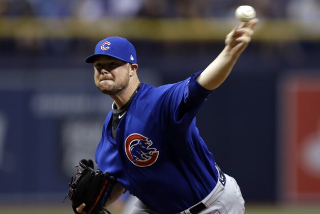 Chicago Cubs starting pitcher Jon Lester delivers to the Tampa Bay Rays during the first inning of a baseball game Wednesday, Sept. 20, 2017, in St. Petersburg, Fla. (AP Photo/Chris O'Meara)