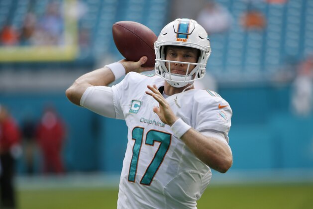 Miami Dolphins quarterback Ryan Tannehill (17) warms up before an NFL football game against the Arizona Cardinals, Sunday, Dec. 11, 2016, in Miami Gardens, Fla. (AP Photo/Wilfredo Lee)