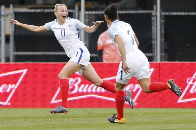 England's Toni Duggan, left, celebrates her goal against France during the first half of a SheBelieves Cup women's soccer match Thursday, March 1, 2018, in Columbus, Ohio. (AP Photo/Jay LaPrete)