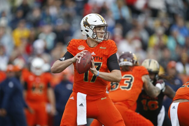 North Squad quarterback Josh Allen of Wyoming (17) during the first half of the Senior Bowl college football game in Mobile, Ala.,Saturday, Jan. 27, 2018. (AP Photo/Brynn Anderson)