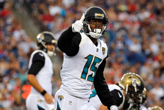 FOXBORO, MA - AUGUST 10: Allen Robinson #15 of the Jacksonville Jaguars gestures in the first half during a preseason game with New England Patriots at Gillette Stadium on August 10, 2017 in Foxboro, Massachusetts. (Photo by Jim Rogash/Getty Images)