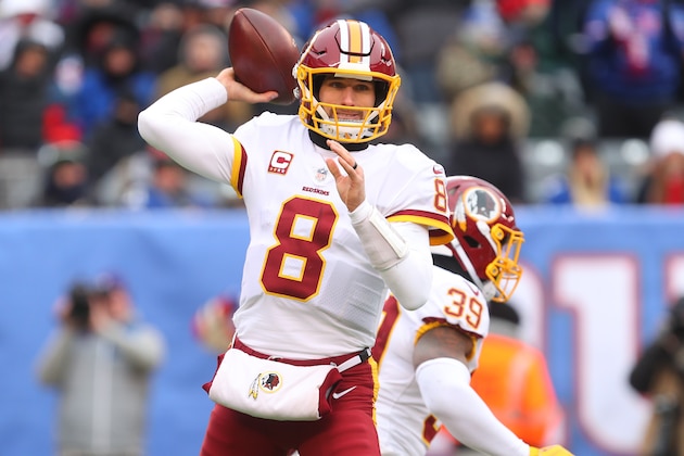EAST RUTHERFORD, NJ - DECEMBER 31: Kirk Cousins #8 of the Washington Redskins throws a pass during the first half of their game against the New York Giants at MetLife Stadium on December 31, 2017 in East Rutherford, New Jersey. (Photo by Ed Mulholland/Getty Images)
