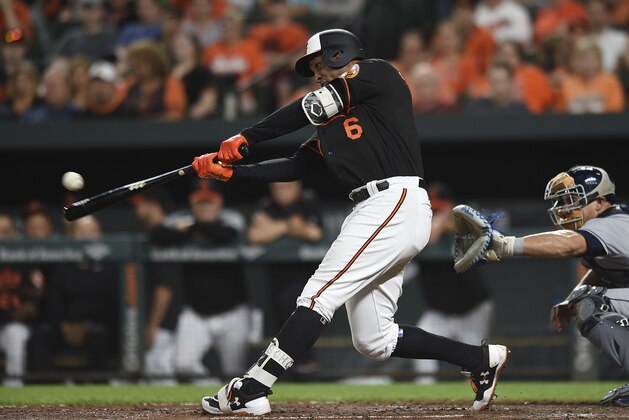 Baltimore Orioles' Jonathan Schoop connects for a single against theTampa Bay Rays in the third inning of a baseball game, Friday, Sept. 22, 2017, in Baltimore. (AP Photo/Gail Burton)