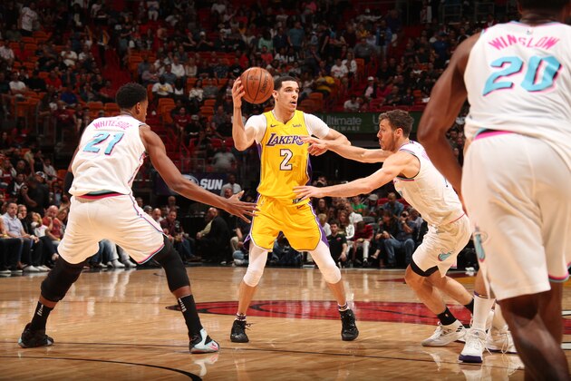 MIAMI, FL - MARCH 1: Lonzo Ball #2 of the Los Angeles Lakers handles the ball against the Miami Heat on March 1, 2018 at American Airlines Arena in Miami, Florida. NOTE TO USER: User expressly acknowledges and agrees that, by downloading and or using this Photograph, user is consenting to the terms and conditions of the Getty Images License Agreement. Mandatory Copyright Notice: Copyright 2018 NBAE (Photo by Issac Baldizon/NBAE via Getty Images)