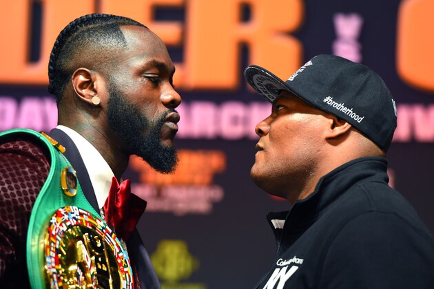 WBC heavyweight champion Deontay Wilder(L) faces off with undefeated contender Luis King Kong Ortiz during a final press conference in New York March 1, 2018 before they face off March 3, 2018, at the Barclays Center in Brooklyn, New York. / AFP PHOTO / TIMOTHY A. CLARY        (Photo credit should read TIMOTHY A. CLARY/AFP/Getty Images)
