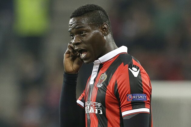 FILE- In this Thursday, Nov. 3, 2016 file photo, Nice's forward Mario Balotelli, of Italy, reacts during the Europa League group I soccer match between OGC Nice and FC Salzburg, in Nice stadium, southeastern France. Nice striker Mario Balotelli’s teammate Alassane Pleas has confirmed he heard Bastia supporters racially abusing Balotelli with monkey chants during the league match on Friday, Jan. 20, 2017. (AP Photo/Claude Paris, File)