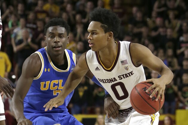 Arizona State guard Tra Holder (0) in the first half during an NCAA college basketball game against UCLA, Saturday, Feb. 10, 2018, in Tempe, Ariz. (AP Photo/Rick Scuteri)