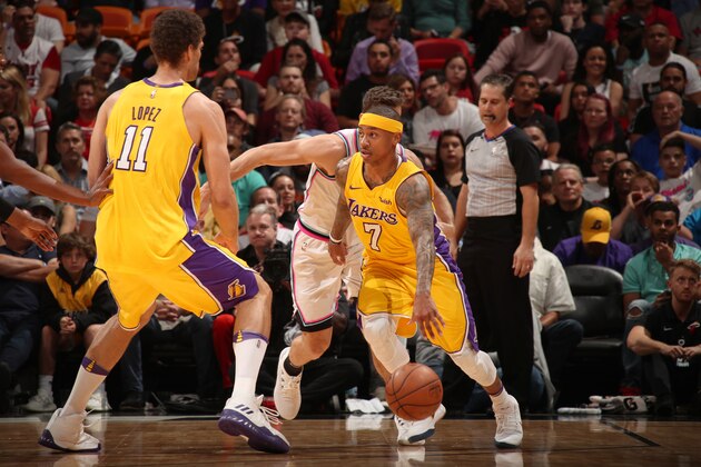 MIAMI, FL - MARCH 1: Isaiah Thomas #7 of the Los Angeles Lakers on March 1, 2018 at American Airlines Arena in Miami, Florida. NOTE TO USER: User expressly acknowledges and agrees that, by downloading and or using this Photograph, user is consenting to the terms and conditions of the Getty Images License Agreement. Mandatory Copyright Notice: Copyright 2018 NBAE (Photo by Issac Baldizon/NBAE via Getty Images)