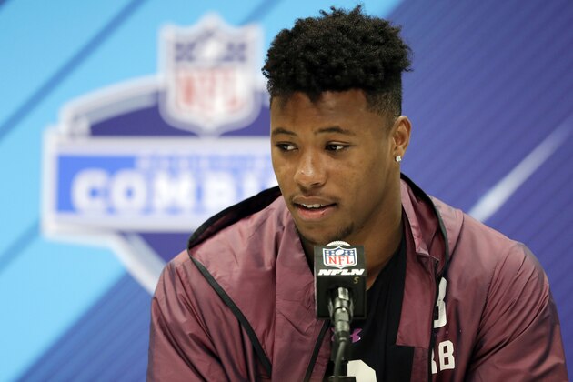 Penn State running back Saquon Barkley speaks during a press conference at the NFL football scouting combine, Thursday, March 1, 2018, in Indianapolis. (AP Photo/Darron Cummings)