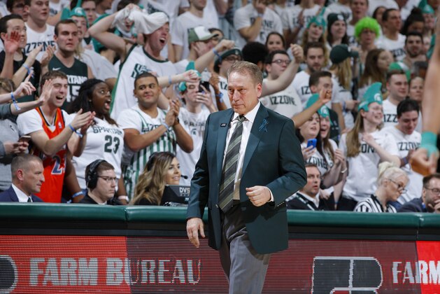 Michigan State coach Tom Izzo reacts near the end of an NCAA college basketball game against Purdue, Saturday, Feb. 10, 2018, in East Lansing, Mich. (AP Photo/Al Goldis)