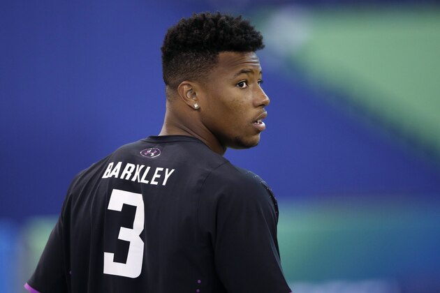 INDIANAPOLIS, IN - MARCH 02: Penn State running back Saquon Barkley looks on during the 2018 NFL Combine at Lucas Oil Stadium on March 2, 2018 in Indianapolis, Indiana. (Photo by Joe Robbins/Getty Images)