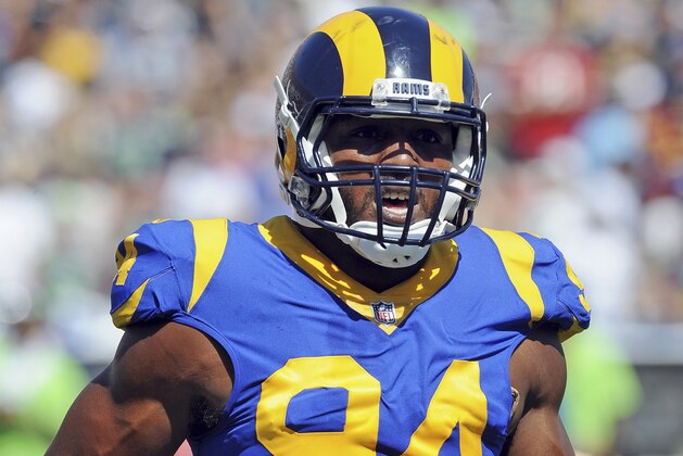 Los Angeles Rams linebacker (94) Robert Quinn on the field in the first quarter of an NFL game against the Seattle Seahawks played at the Los Angeles Memorial Coliseum in Los Angeles, CA on Sunday, October 8, 2017. (AP Photo/John Cordes)