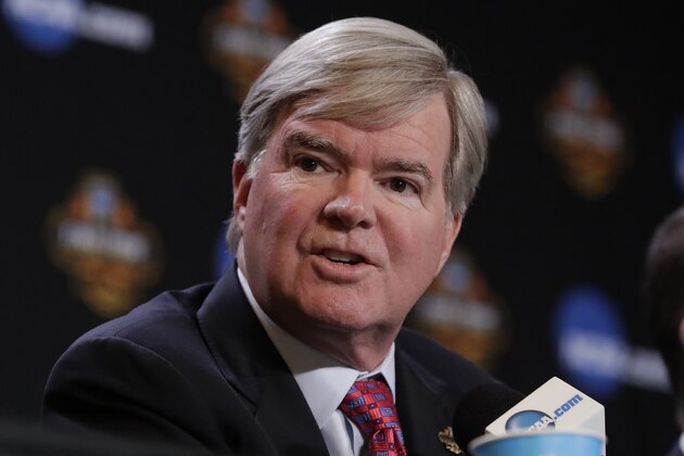 FILE - In this March 30, 2017, file photo, NCAA President Mark Emmert answers a question at a news conference in Glendale, Ariz. Emmert said Monday, Oct. 30, major changes are needed in college basketball before next season to show the public that the NCAA is capable of governing the sport in the wake of a bribery scandal. (AP Photo/Matt York, File)