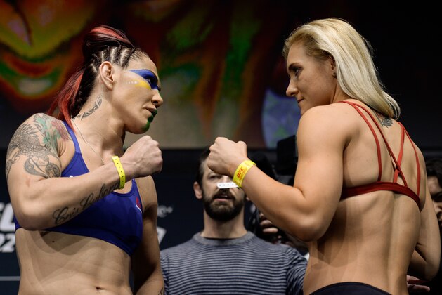 LAS VEGAS, NV - MARCH 02:   (L-R) Cris Cyborg of Brazil and Yana Kunitskaya of Russia face off during a UFC 222 weigh-in on March 2, 2018 in Las Vegas, Nevada. (Photo by Brandon Magnus/Zuffa LLC/Zuffa LLC via Getty Images)