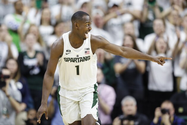 EAST LANSING, MI - FEBRUARY 20: Joshua Langford #1 of the Michigan State Spartans reacts after hitting a 3 point shot in the 2nd half during the Illinois Fighting Illini at Breslin Center on February 20, 2018 in East Lansing, Michigan. (Photo by Rey Del Rio/Getty Images)