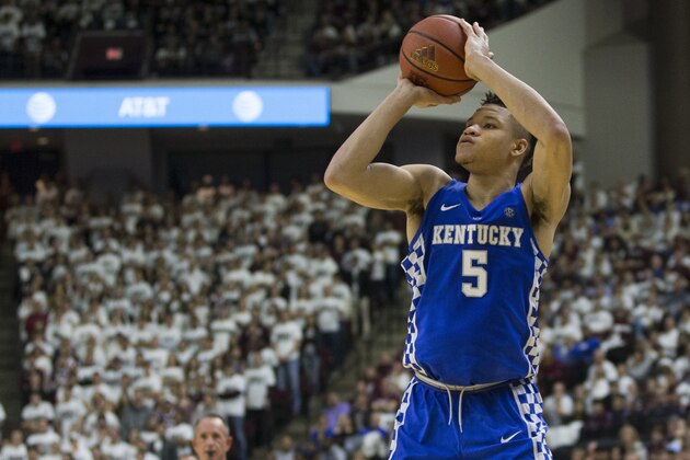 Kentucky forward Kevin Knox II (5) takes a three point shot against Texas A&M during the second half of an NCAA college basketball game Saturday, Feb. 10, 2018, in College Station, Texas. (AP Photo/Sam Craft)