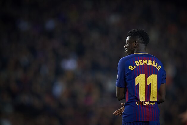 BARCELONA, SPAIN - FEBRUARY 24:  Ousmane Dembele of Barcelona reacts during the La Liga match between Barcelona and Girona at Camp Nou on February 24, 2018 in Barcelona, Spain.  (Photo by Quality Sport Images/Getty Images)