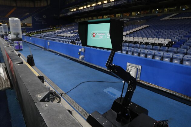 The Video Assistant Referee (VAR) ahead of the English League Cup semifinal first leg soccer match between Chelsea and Arsenal at Stamford Bridge stadium in London, Wednesday, Jan. 10, 2018. (AP Photo/Kirsty Wigglesworth)