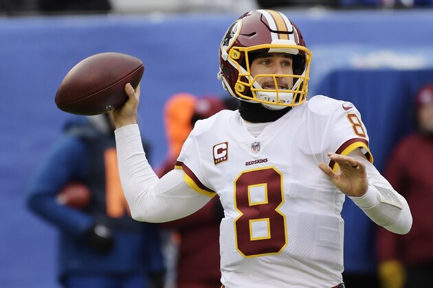 Washington Redskins quarterback Kirk Cousins (8) throws a pass during the first half of an NFL football game against the New York Giants, Sunday, Dec. 31, 2017, in East Rutherford, N.J. (AP Photo/Bill Kostroun)