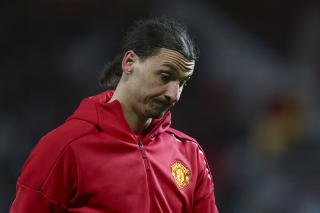 United's Zlatan Ibrahimovic walks on the pitch before the Europa League round of 16, second leg, soccer match between Manchester United and FC Rostov at Old Trafford Stadium in Manchester, England, Thursday March 16, 2017. (AP Photo/Dave Thompson)