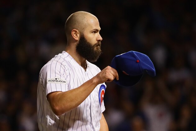 CHICAGO, IL - OCTOBER 18:  Jake Arrieta #49 of the Chicago Cubs acknowledges the crowd after being relieved in the seventh inning against the Los Angeles Dodgers during game four of the National League Championship Series at Wrigley Field on October 18, 2017 in Chicago, Illinois.  (Photo by Jonathan Daniel/Getty Images)