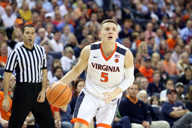 CHARLOTTESVILLE, VA - FEBRUARY 21: Kyle Guy #5 of the Virginia Cavaliers looks to shoot in the second half during a game against the Georgia Tech Yellow Jackets at John Paul Jones Arena on February 21, 2018 in Charlottesville, Virginia. Virginia defeated Georgia Tech 65-54. (Photo by Ryan M. Kelly/Getty Images)