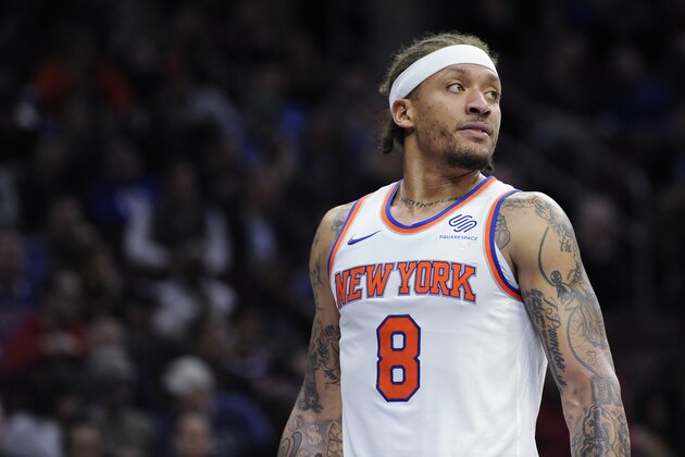 New York Knicks' Michael Beasley (8) is seen during an NBA basketball game against the Philadelphia 76ers, Monday, Feb 12, 2018, in Philadelphia. The 76ers won 108-92. (AP Photo/Michael Perez)