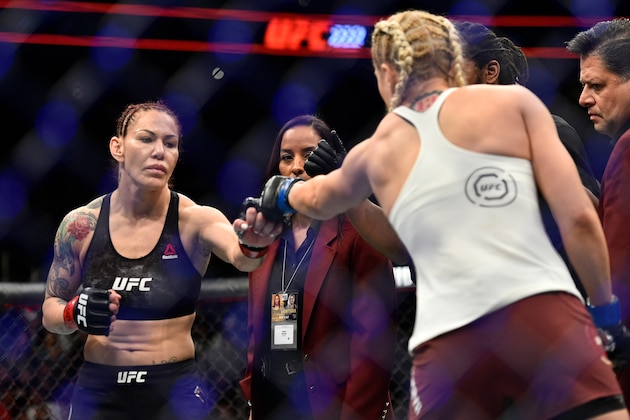 LAS VEGAS, NV - MARCH 03:   (L-R) Cris Cyborg of Brazil and Yana Kunitskaya of Russia face off prior to their women's featherweight bout during the UFC 222 event inside T-Mobile Arena on March 3, 2018 in Las Vegas, Nevada. (Photo by Brandon Magnus/Zuffa LLC/Zuffa LLC via Getty Images)