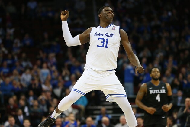NEWARK, NJ - MARCH 03: Angel Delgado #31 of the Seton Hall Pirates celebrates after a dunk against the Butler Bulldogs during the second half of a game at Prudential Center on March 3, 2018 in Newark, New Jersey. Seton Hall defeated Butler 77-70. (Photo by Rich Schultz/Getty Images)