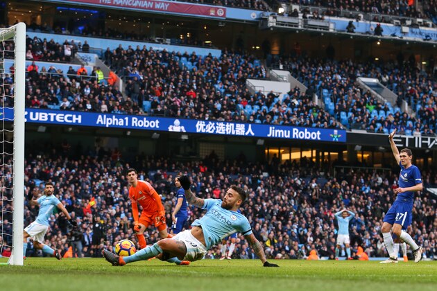 MANCHESTER, ENGLAND - MARCH 04: Nicolas Otamendi of Manchester City scores a goal which is ruled out for offside during the Premier League match between Manchester City and Chelsea at Etihad Stadium on March 4, 2018 in Manchester, England. (Photo by Robbie Jay Barratt - AMA/Getty Images)
