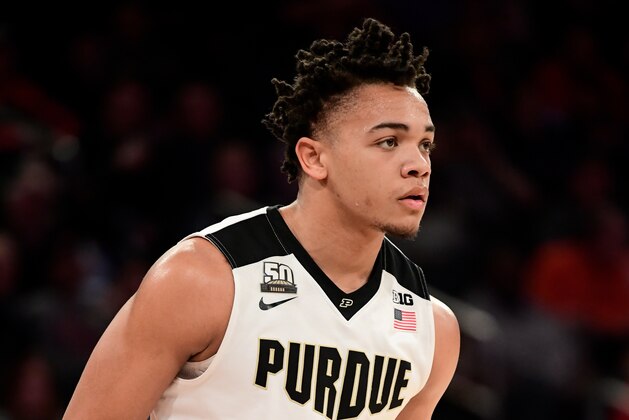 NEW YORK, NY - MARCH 02:  Carsen Edwards #3 of the Purdue Boilermakers looks on against the Rutgers Scarlet Knights during the quarterfinals of the Big Ten Basketball Tournament at Madison Square Garden on March 2, 2018 in New York City.  (Photo by Steven Ryan/Getty Images)