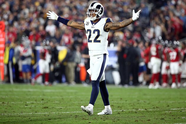 LOS ANGELES, CA - JANUARY 06:  Trumaine Johnson #22 of the Los Angeles Rams reacts during the NFC Wild Card Playoff Game against the Atlanta Falcons at the Los Angeles Coliseum on January 6, 2018 in Los Angeles, California.  (Photo by Sean M. Haffey/Getty Images)