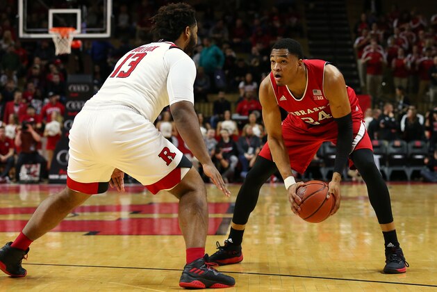 PISCATAWAY, NJ - JANUARY 24: James Palmer Jr. #24 of the Nebraska Cornhuskers in action against Matt Bullock #13 of the Rutgers Scarlet Knights during a game at Rutgers Athletic Center on January 24, 2018 in Piscataway, New Jersey. Nebraska defeated Rutgers 60-54. (Photo by Rich Schultz/Getty Images)