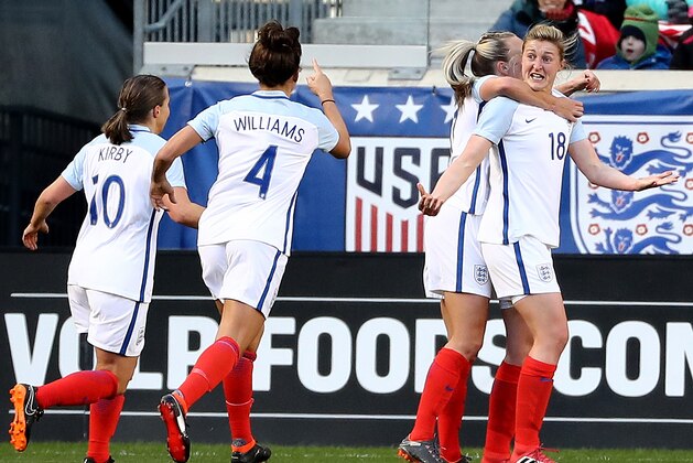 HARRISON, NJ - MARCH 04:  Ellen White #18 of England celebrates her goal with teammates Fran Kirby #10 and Fara Williams #4 in the first half against Germany during the  SheBelieves Cup at Red Bull Arena on March 4, 2018 in Harrison, New Jersey.  (Photo by Elsa/Getty Images)