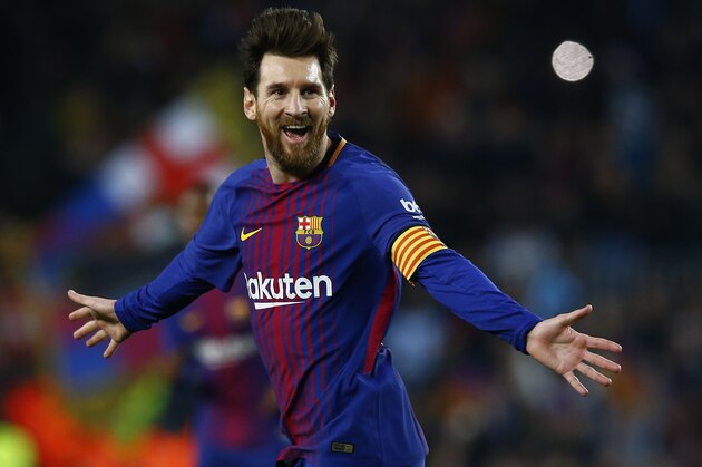 FC Barcelona's Lionel Messi celebrates after scoring during the Spanish La Liga soccer match between FC Barcelona and Girona at the Camp Nou stadium in Barcelona, Spain, Saturday, Feb. 24, 2018. (AP Photo/Manu Fernandez)