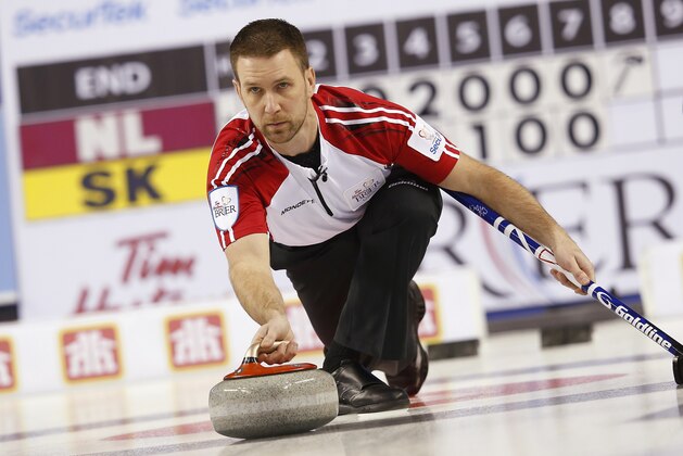 CALGARY, AB - MARCH 8: Newfoundland and Labrador skip Brad Gushue delivers his shot in the bronze medal game against Saskatchewan during the Tim Horton's Brier at the Scotiabank Saddledome on March 8, 2015 in Calgary, Alberta, Canada. (Photo by Todd Korol/Getty Images)