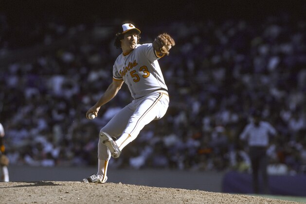 NEW YORK - CIRCA 1982:  Sammy Stewart #53 of the Baltimore Orioles pitches against the New York Yankees during an Major League baseball game circa 1982 at Yankee Stadium in the Bronx borough of New York City. Stewart played for the Orioles from 1978-85. (Photo by Focus on Sport/Getty Images)