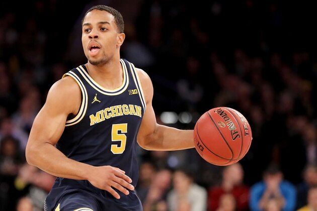 NEW YORK, NY - MARCH 04: Jaaron Simmons #5 of the Michigan Wolverines looks down the court in the first half against the Purdue Boilermakers during the championship game of the Big 10 Basketball Tournament at Madison Square Garden on March 4, 2018 in New York City.  (Photo by Abbie Parr/Getty Images)