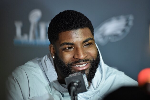 BLOOMINGTON, MN - JANUARY 30: Vinny Curry #75 of the Philadelphia Eagles speaks to the media during Super Bowl LII media availability on January 30, 2018 at Mall of America in Bloomington, Minnesota. The Philadelphia Eagles will face the New England Patriots in Super Bowl LII on February 4th. (Photo by Hannah Foslien/Getty Images)