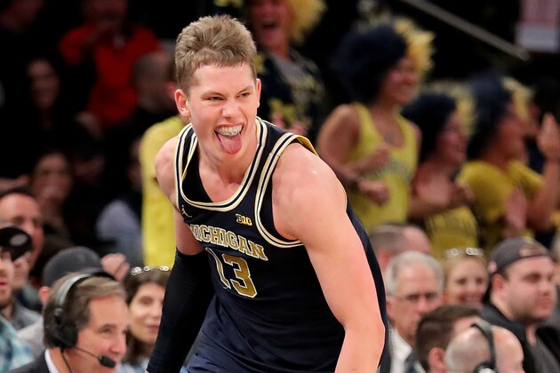 NEW YORK, NY - MARCH 04:  Tournament MVP Moritz Wagner #13 of the Michigan Wolverines reacts after making a three point basket in the second half against the Purdue Boilermakers during the championship game of the Big 10 Basketball Tournament at Madison Square Garden on March 4, 2018 in New York City.  (Photo by Abbie Parr/Getty Images)